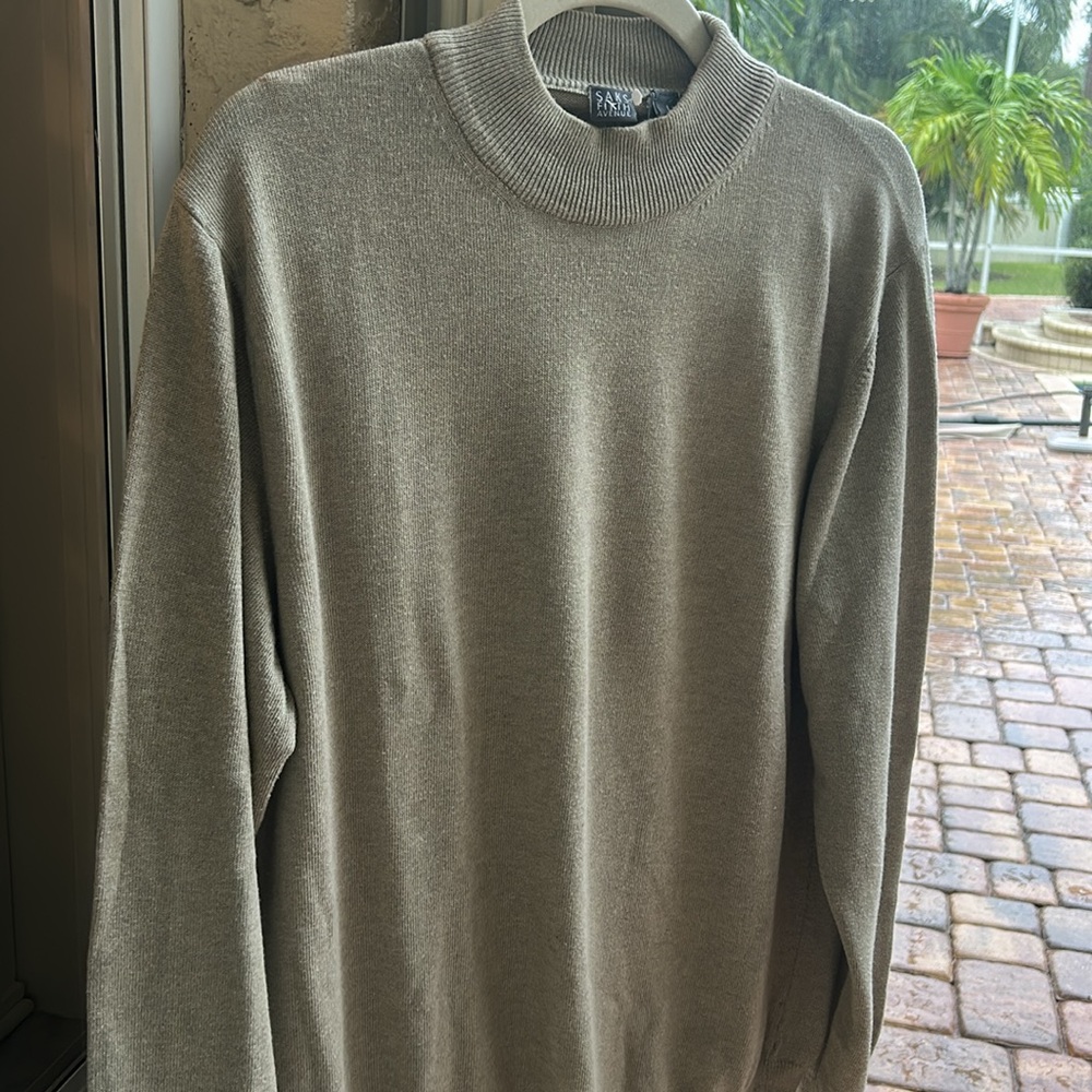 Saks Fifth Avenue Tan Brown sz L Cotton Blend Mock Neck Sweater EUC Stretch VTG - Picture 15 of 16
